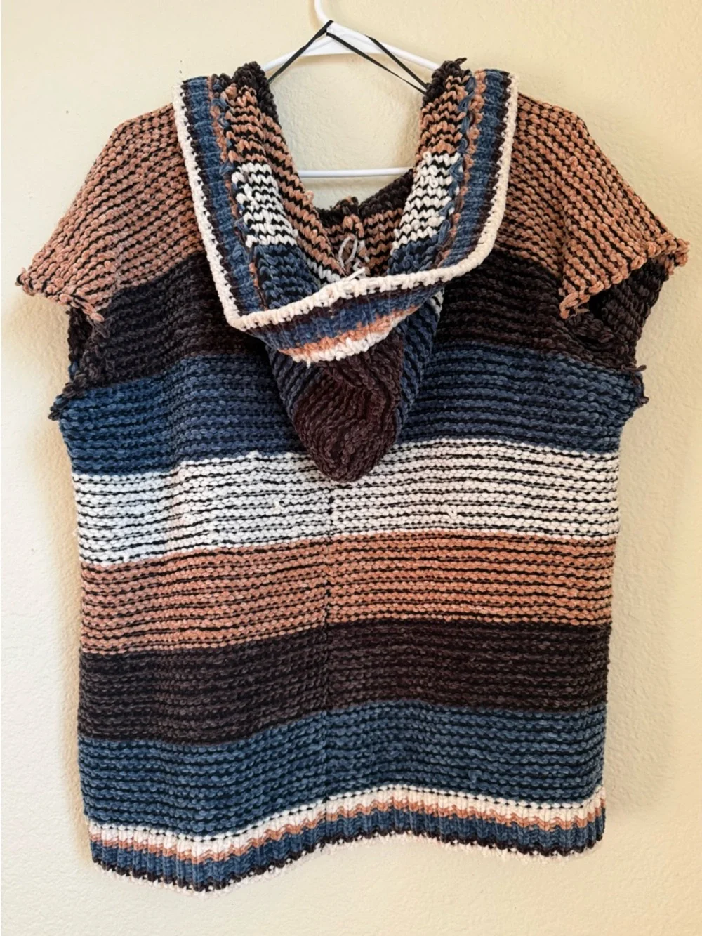 Striped Hooded Knit Poncho in Blue, Brown & Cream